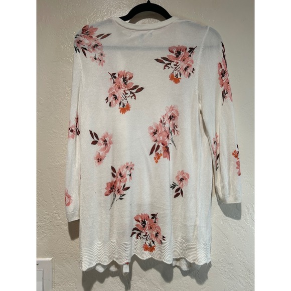 Daniel Rainn Womens White Pink Floral Open Front Cardigan Scalloped Hem Small - Picture 2 of 4